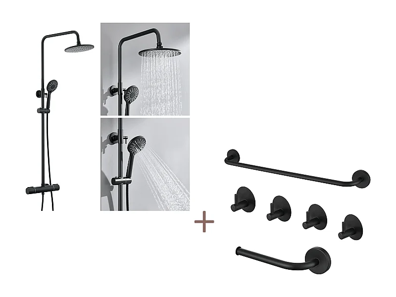 Colonne Douche Noir avec Mitigeur Thermostatique de 38°C,Réglable Hauteur,Pommeau Main 3 Jets+Ensemble Salle Bain Accessoire 6 Pièces,Inox,Noir