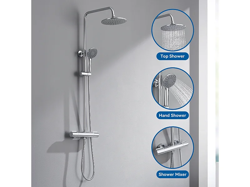 Thermostatische Douchekolom,Handdouche 3 Jets,9 Inch Douchekop,Doucheset In hoogte verstelbaar tussen 800-1100mm,Verchroomd