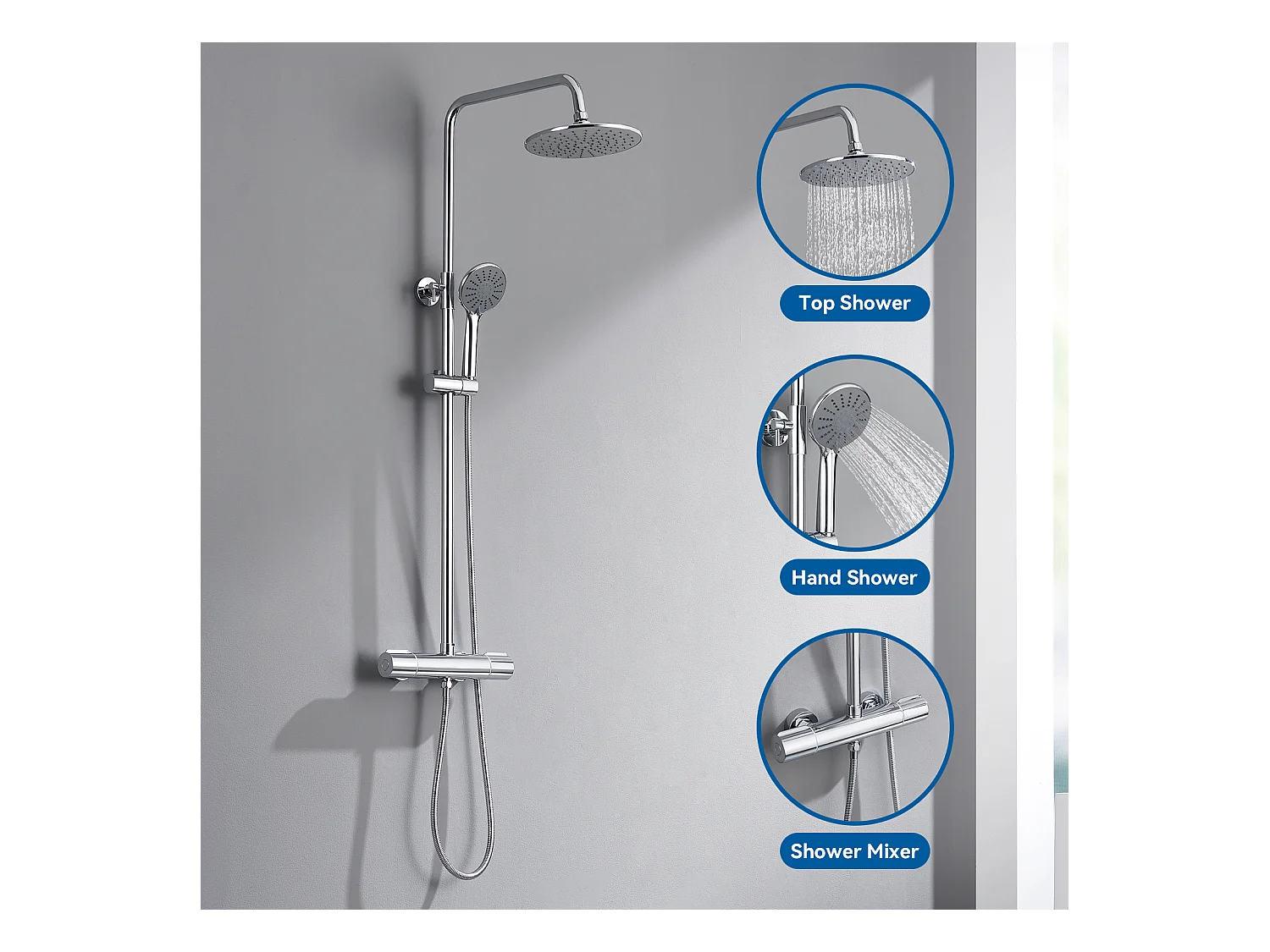 Colonne de Douche Thermostatique,Douchette à Main 3 Jets,9 Pouces Tête de Douche,Ensemble de Douche Hauteur Réglable entre 800-1100mm,Chromé