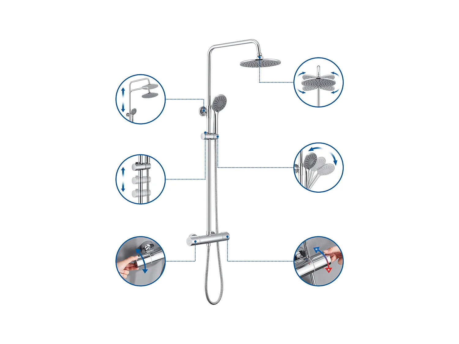 Colonne de Douche Thermostatique,Douchette à Main 3 Jets,9 Pouces Tête de Douche,Ensemble de Douche Hauteur Réglable entre 800-1100mm,Chromé