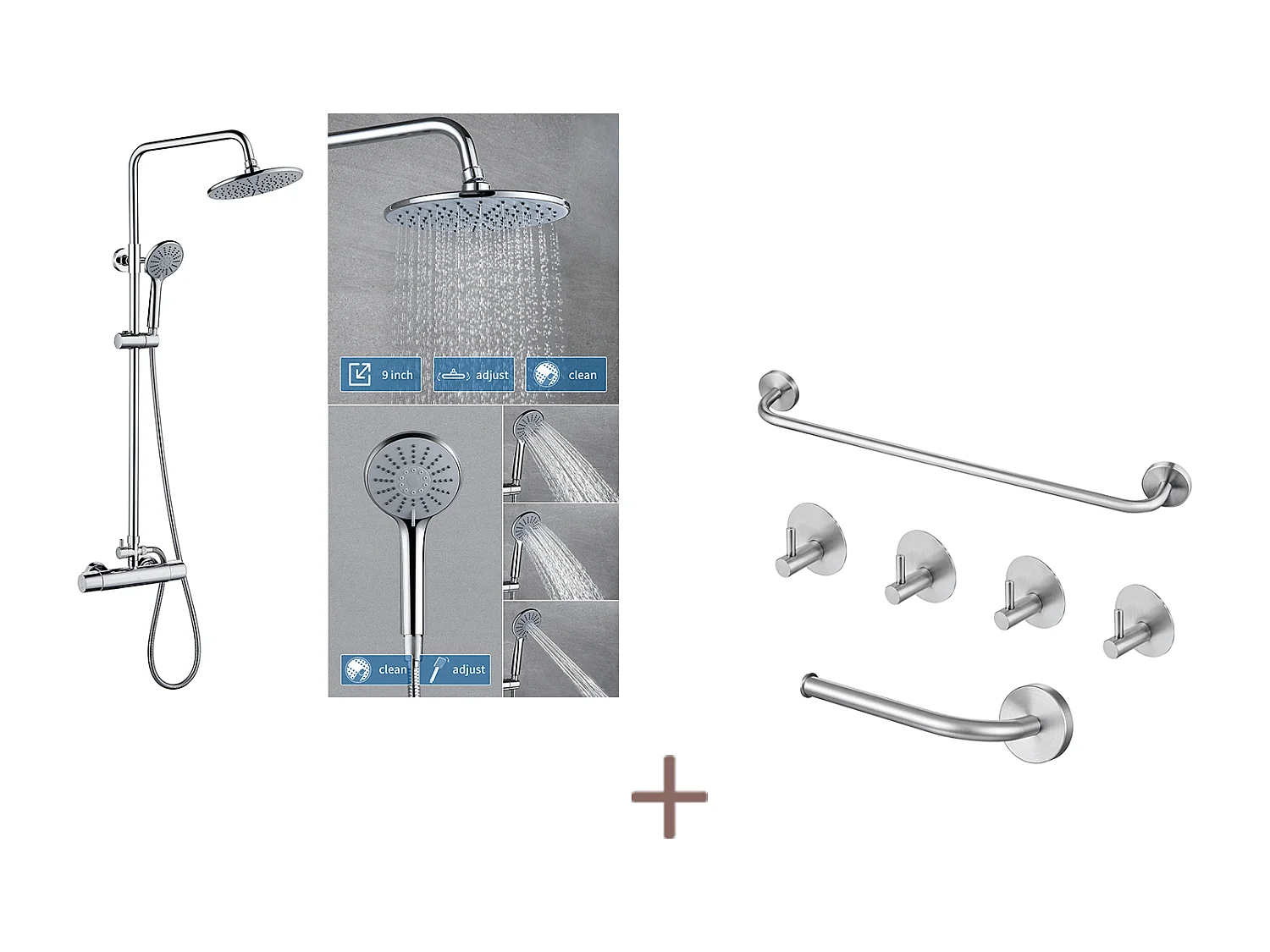 Auralum max Thermostatische Douchekolom Verchroomd, In Hoogte Verstelbaar, Handdouche met3 Waterstralen+Set Badkamer Accessoire 6 Stuks, Roestvrij Staal, Geborsteld