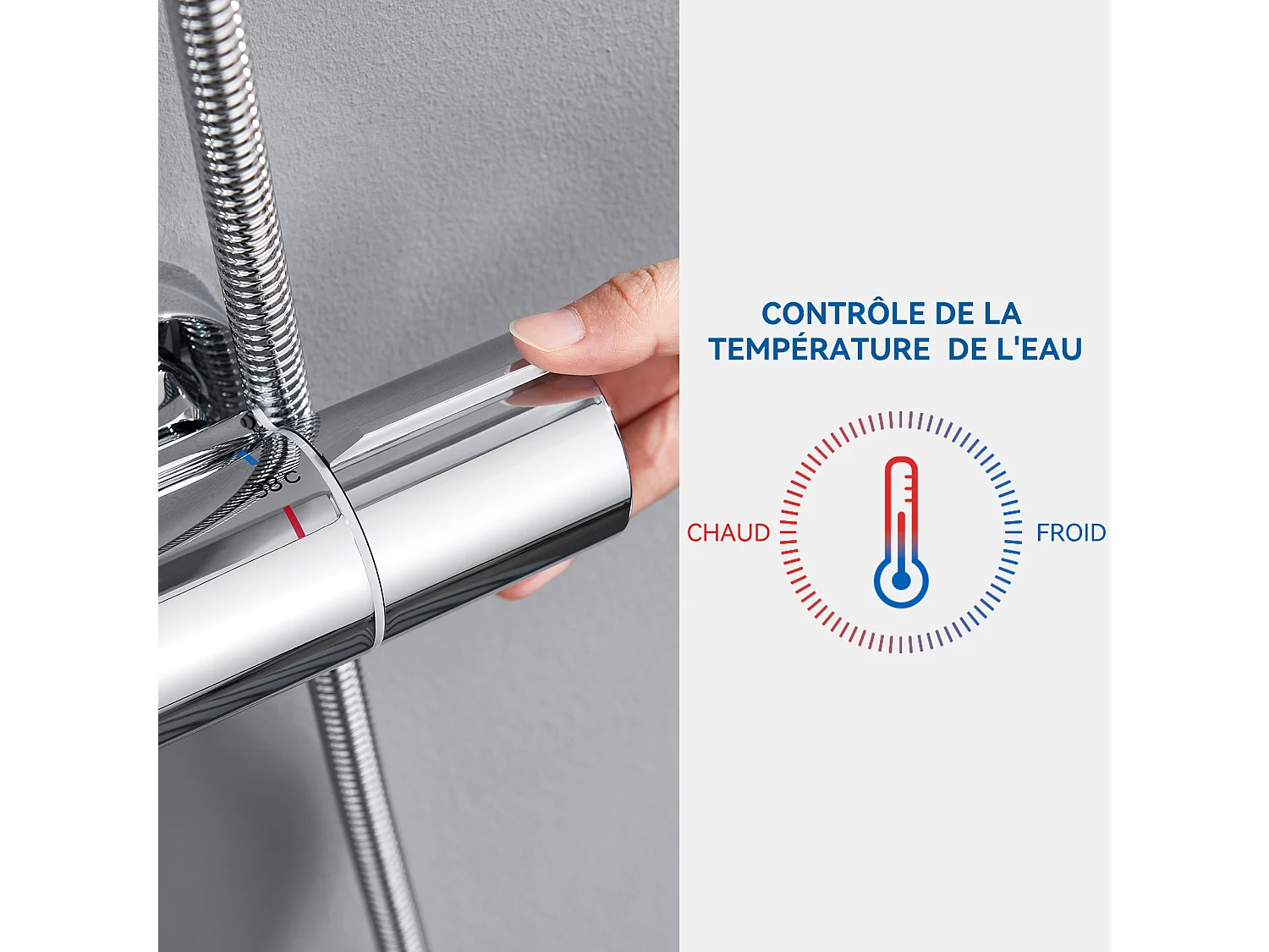 Auralum max Thermostatische Douchekolom Verchroomd, In Hoogte Verstelbaar, Handdouche met3 Waterstralen+Set Badkamer Accessoire 6 Stuks, Roestvrij Staal, Geborsteld