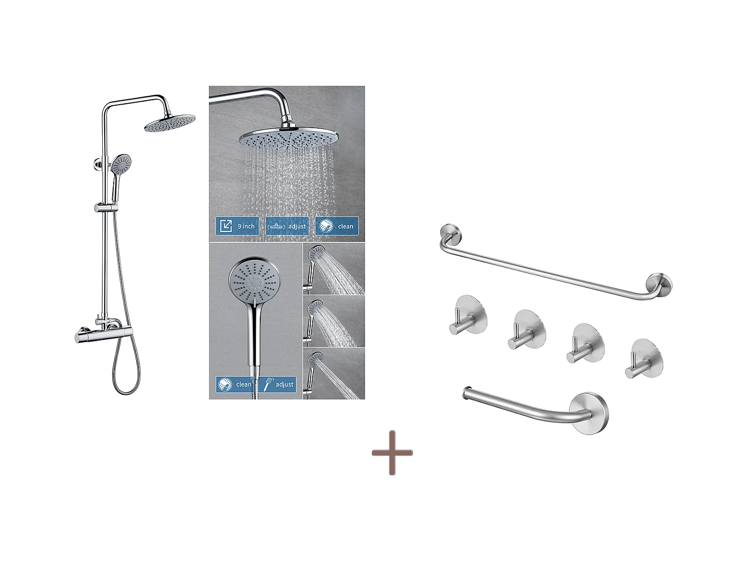 Auralum max Colonne Douche Thermostatique Chromé,Hauteur Réglable,Douchette avec 3 Jets D’eau+Ensemble Salle Bain Accessoire 6 Pièces,Inox,Brossé