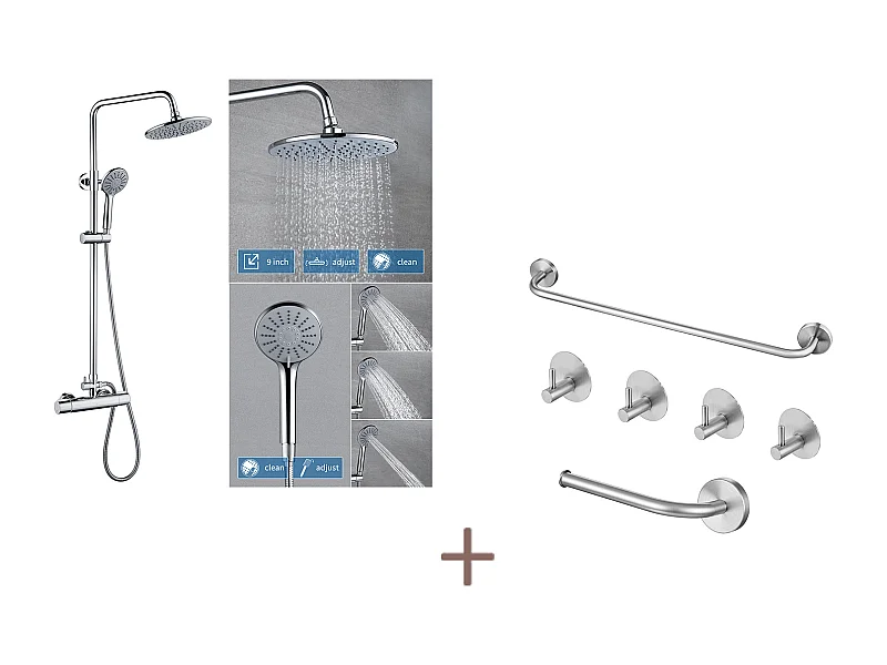 Auralum max Colonne Douche Thermostatique Chromé,Hauteur Réglable,Douchette avec 3 Jets D’eau+Ensemble Salle Bain Accessoire 6 Pièces,Inox,Brossé