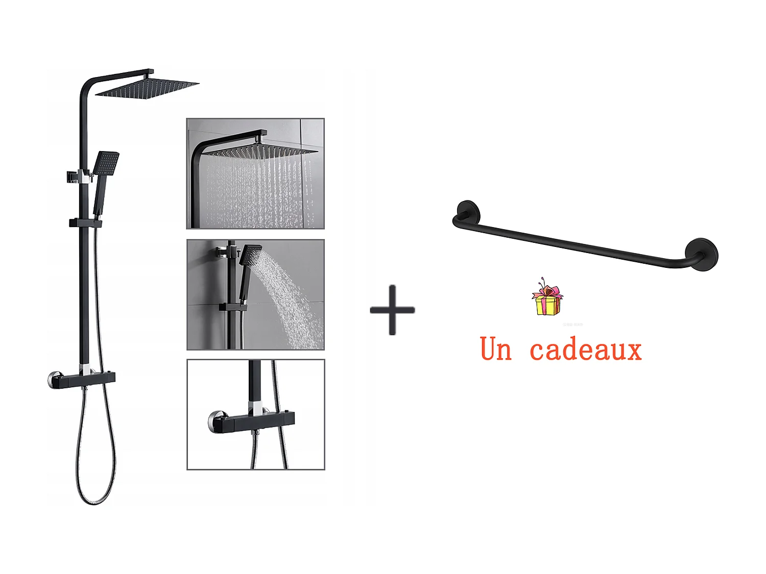 Columna de Ducha Termostática Negra con 9,7 Pulgadas Spray Superior para Baño+Toallero de Baño,Autoadhesivo/Perforación,60CM