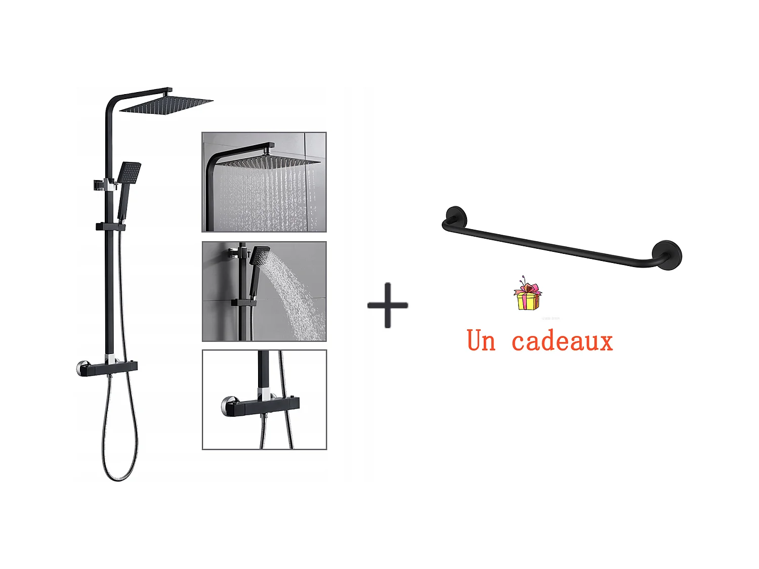 Zwarte thermostatische douchekolom met 9,7 inch bovenspray voor badkamer + badkamer handdoekrek, zelfklevend/boren,60CM