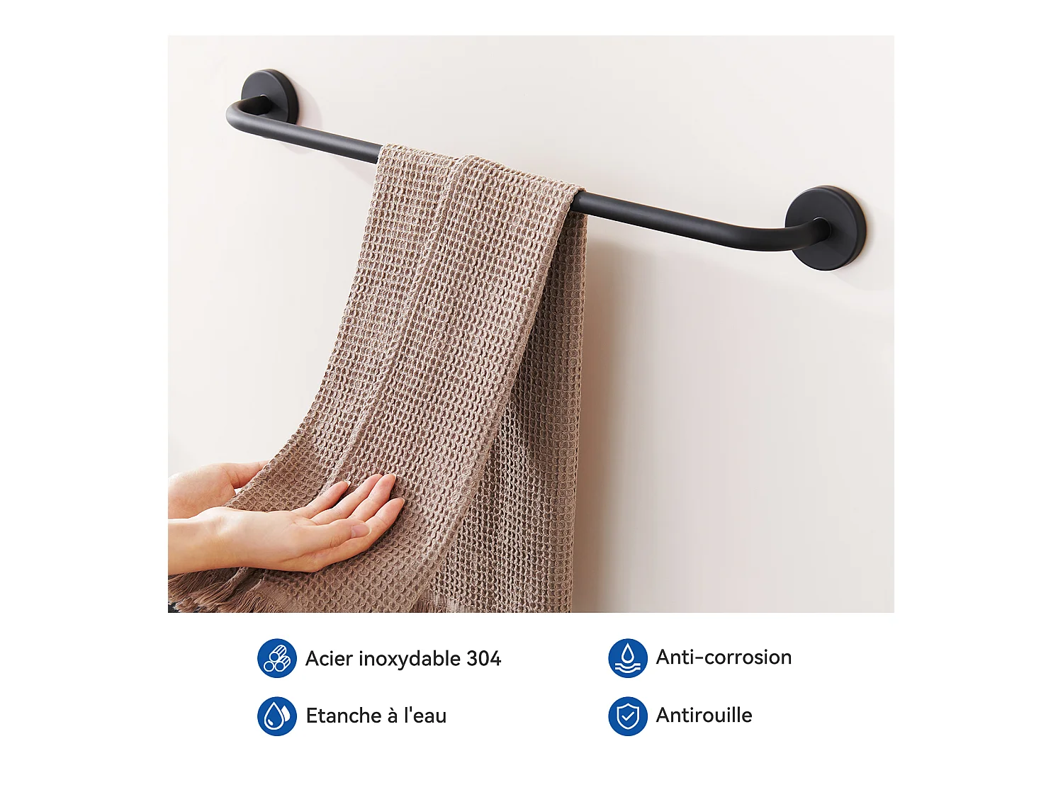 Colonne Douche Thermostatique Noir avec 9,7 Pouces Spray Supérieur pour Salle de Bain+Porte-Serviettes de Salle de Bain,Auto-adhésif/ Perçage,60CM