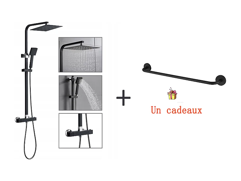 Colonne Douche Thermostatique Noir avec 9,7 Pouces Spray Supérieur pour Salle de Bain+Porte-Serviettes de Salle de Bain,Auto-adhésif/ Perçage,60CM