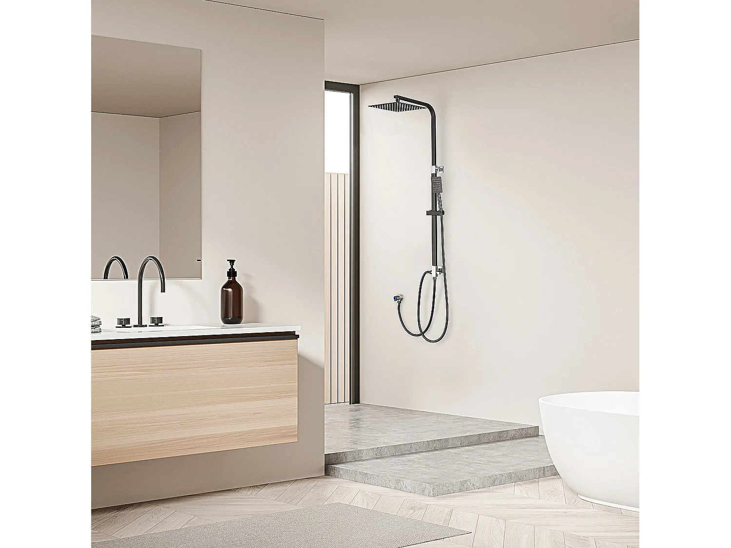 AURALUM MAX  Ensemble de Douche Noir Colonne de Douche en Laiton sans Mitigeur Systhème de Douche avec Douchettes à Main et Tête de Douche Carré