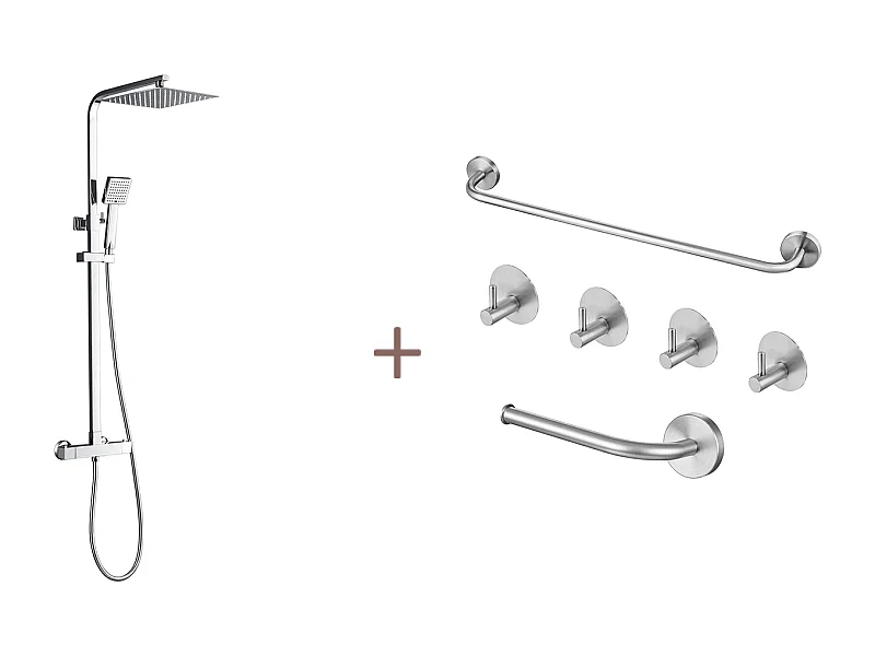 Auralum max Thermostat-Duschsäule Chrom, Messing-Körper-Duschsystem höhenverstellbar + 6-teiliges Badezimmer-Zubehör-Set, Edelstahl, gebürstet