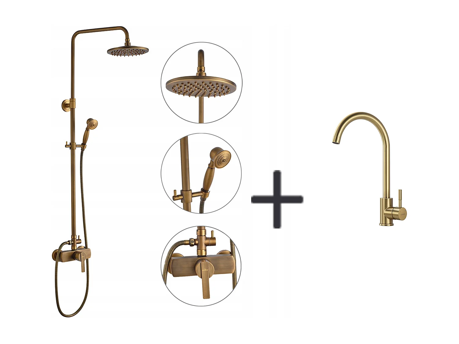 Auralum Max Colonne douche en laiton Bronze Rétro,Douche avec Mitigeur Mécanique,Hauteur Réglable+Robinet Cuisine en Inox,Rotatif à 360°,Doré Brossé