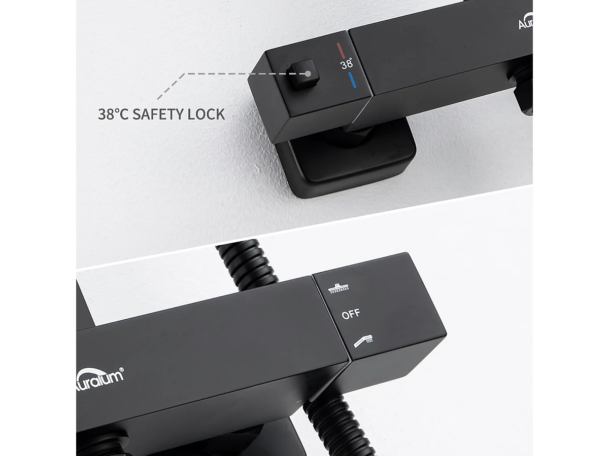 Schwarze Thermostat-Duschsäule, höhenverstellbar, mit Mischbatterie + Klebe-/Bohren-Handtuchhalter fürs Badezimmer, Handtuchhalter zur Wandmontage, Schwarz