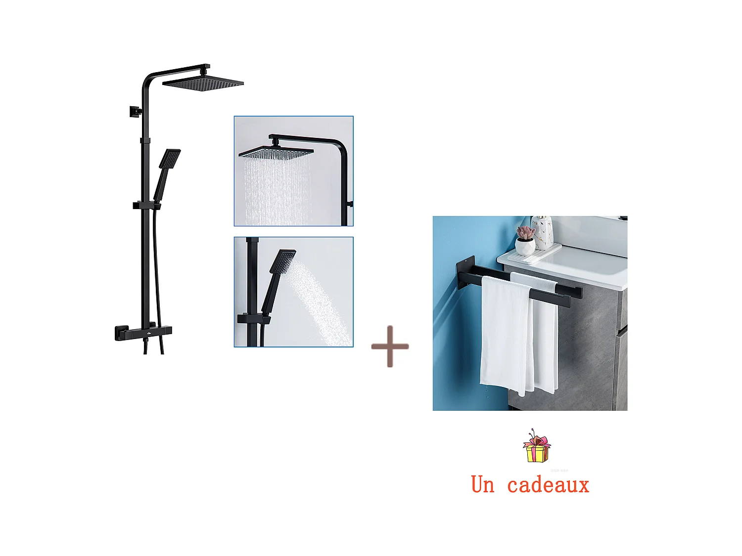 Colonne de Douche Thermostatique Noir,Réglable Hauteur,avec mitigeur+Porte Serviette Salle Bain Adhésif/Perçage,Barres Porte Serviettes Mural,Noir