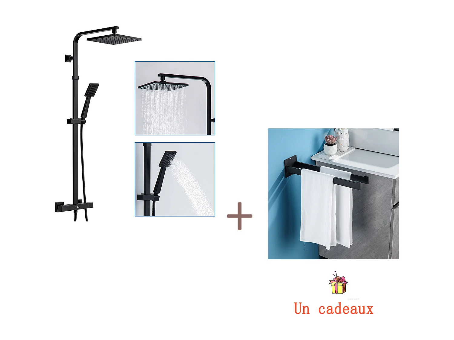Colonne de Douche Thermostatique Noir,Réglable Hauteur,avec mitigeur+Porte Serviette Salle Bain Adhésif/Perçage,Barres Porte Serviettes Mural,Noir