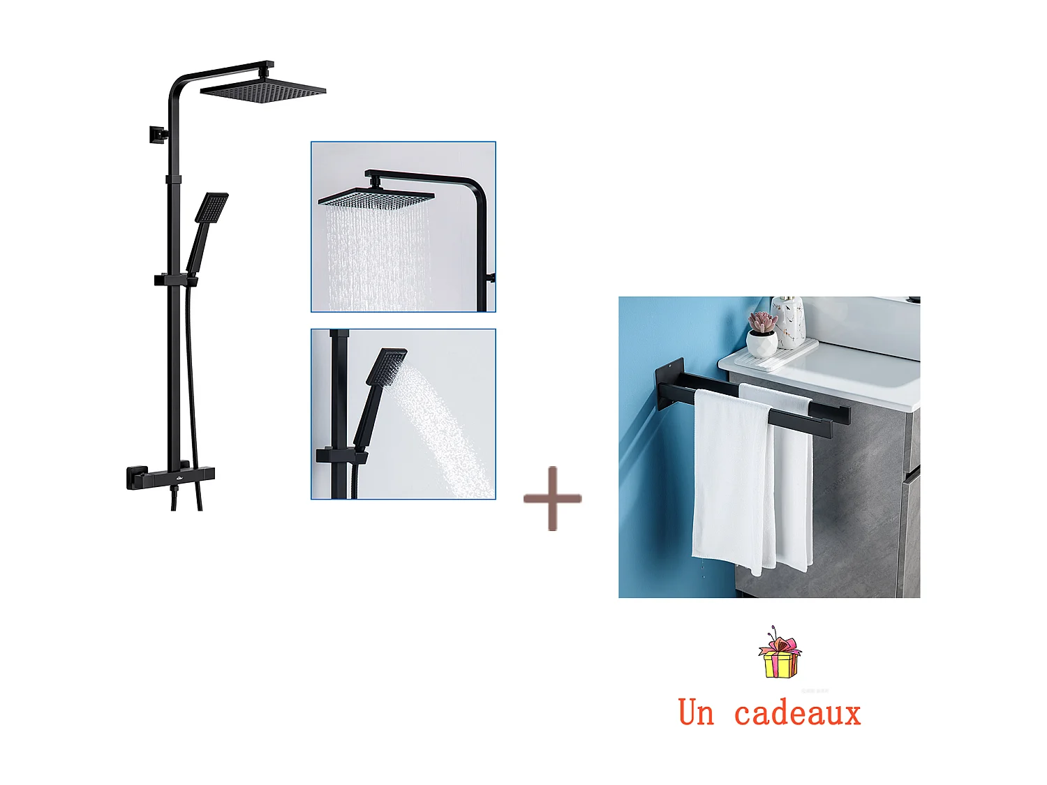 Colonne de Douche Thermostatique Noir,Réglable Hauteur,avec mitigeur+Porte Serviette Salle Bain Adhésif/Perçage,Barres Porte Serviettes Mural,Noir
