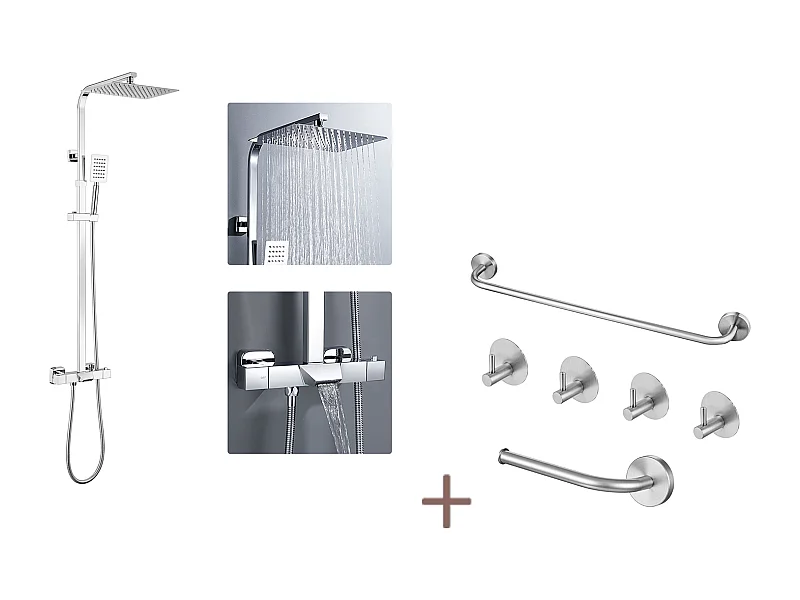 Pannello DOuche LED LCD Indicatore di temperatura,inossidabile spazzolato con 3 getti massaggio+set bagno accessorio 6 pezzi,inossidabile,spazzolato