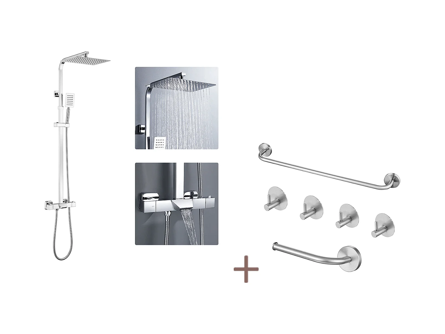 Colonne Douche Thermostatique Chromée,avec Douche Tête,Pommeau Douche,Mitigeur Douche Cascade+Ensemble Salle Bain Accessoire 6 Pièces,Inox,Brossé