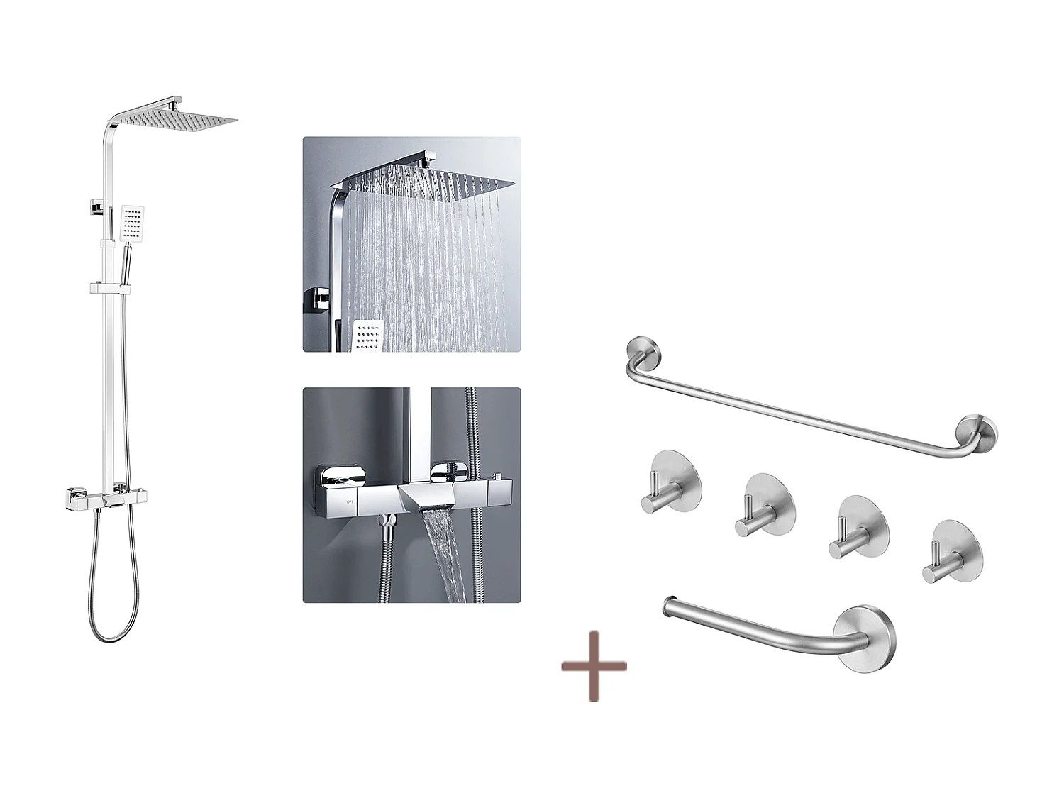 Colonne Douche Thermostatique Chromée,avec Douche Tête,Pommeau Douche,Mitigeur Douche Cascade+Ensemble Salle Bain Accessoire 6 Pièces,Inox,Brossé