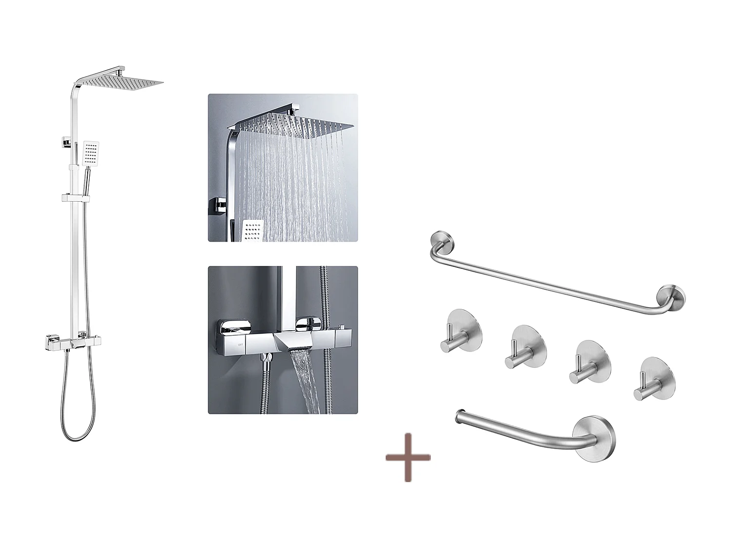 Colonne Douche Thermostatique Chromée,avec Douche Tête,Pommeau Douche,Mitigeur Douche Cascade+Ensemble Salle Bain Accessoire 6 Pièces,Inox,Brossé