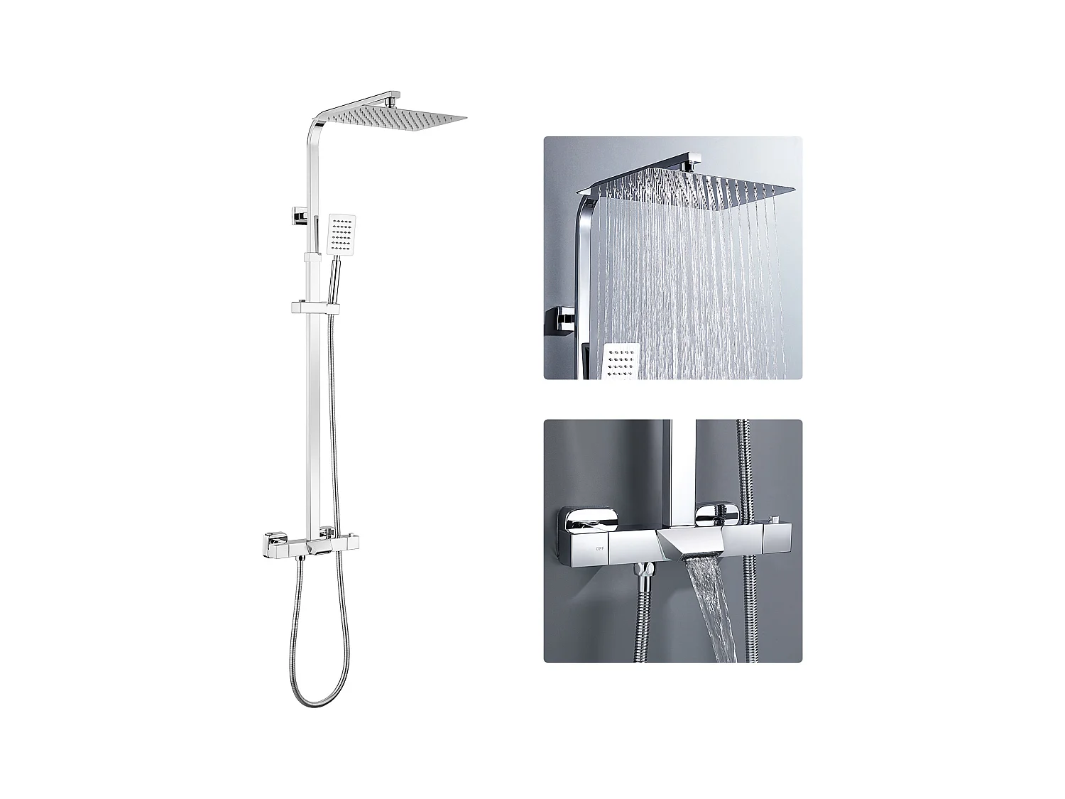Colonne de douche thermostatique,3 Fonctions Kit de Douche en laiton,avec Mitigeur de Douche Cascade,Hauteur Réglable 98.5-129.5 cm,Chromé