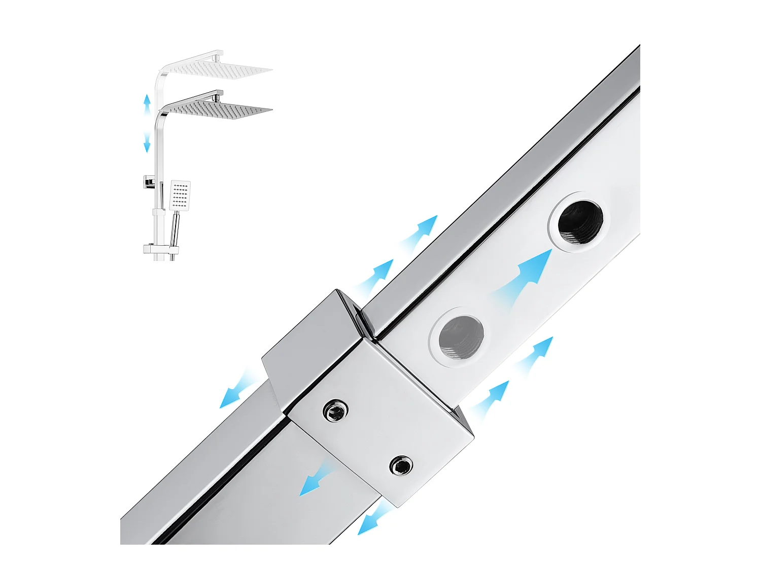 Thermostatische douchekolom, 3 functies messing doucheset, met waterval douchemengkraan, in hoogte verstelbaar 98.5-129.5 cm, verchroomd