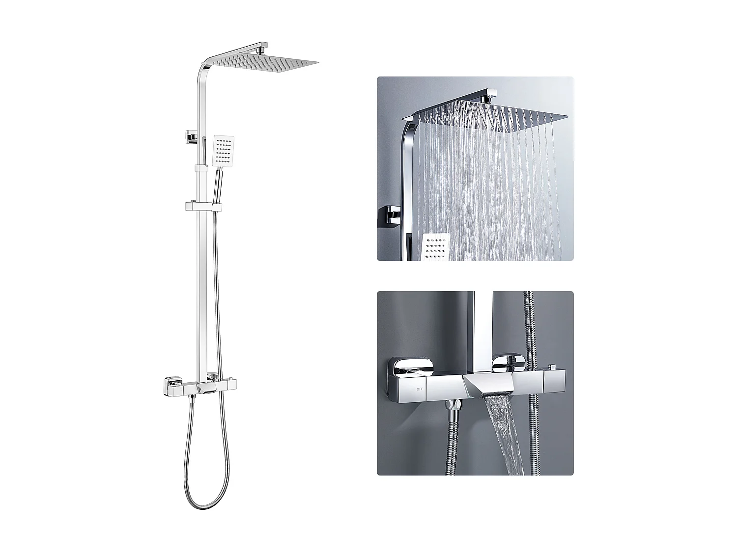 Colonne de douche thermostatique,3 Fonctions Kit de Douche en laiton,avec Mitigeur de Douche Cascade,Hauteur Réglable 98.5-129.5 cm,Chromé