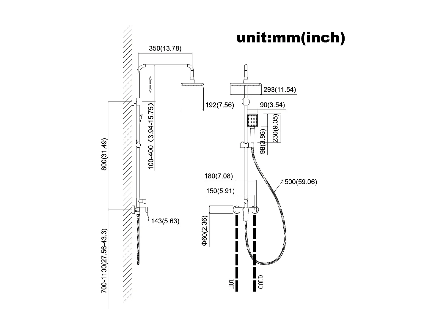 AURALUM MAX Colonna Doccia Nero 2 Funzioni Set Doccia in Ottone con Doccia Testa Rettangolo, Alta Regolabile 90-120 cm