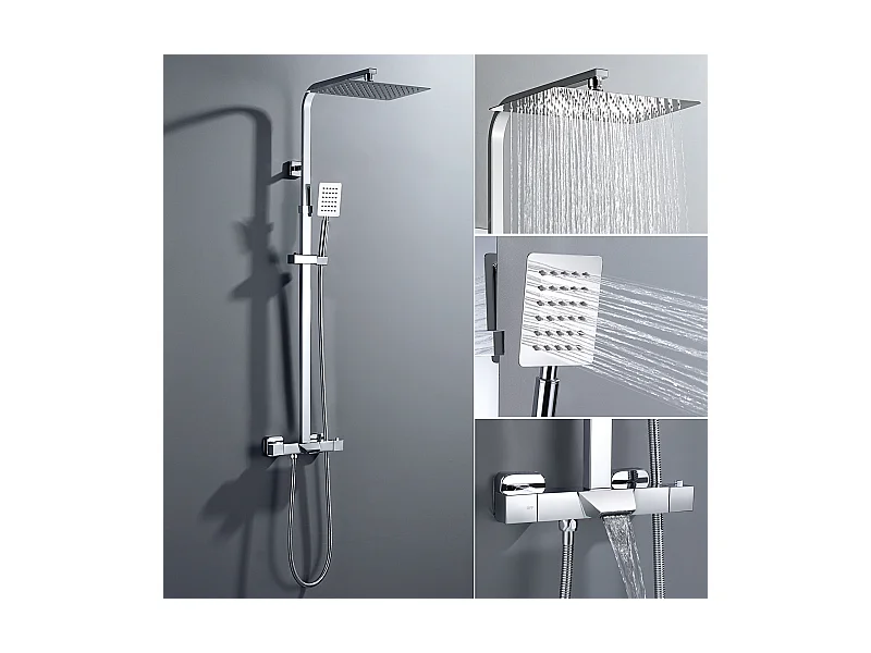 Chrom-Thermostat-Duschsäule, 3-Funktionen-Duschset mit 30 x 20 cm Duschkopf, Duschkopf, Wasserfall-Duschmischer