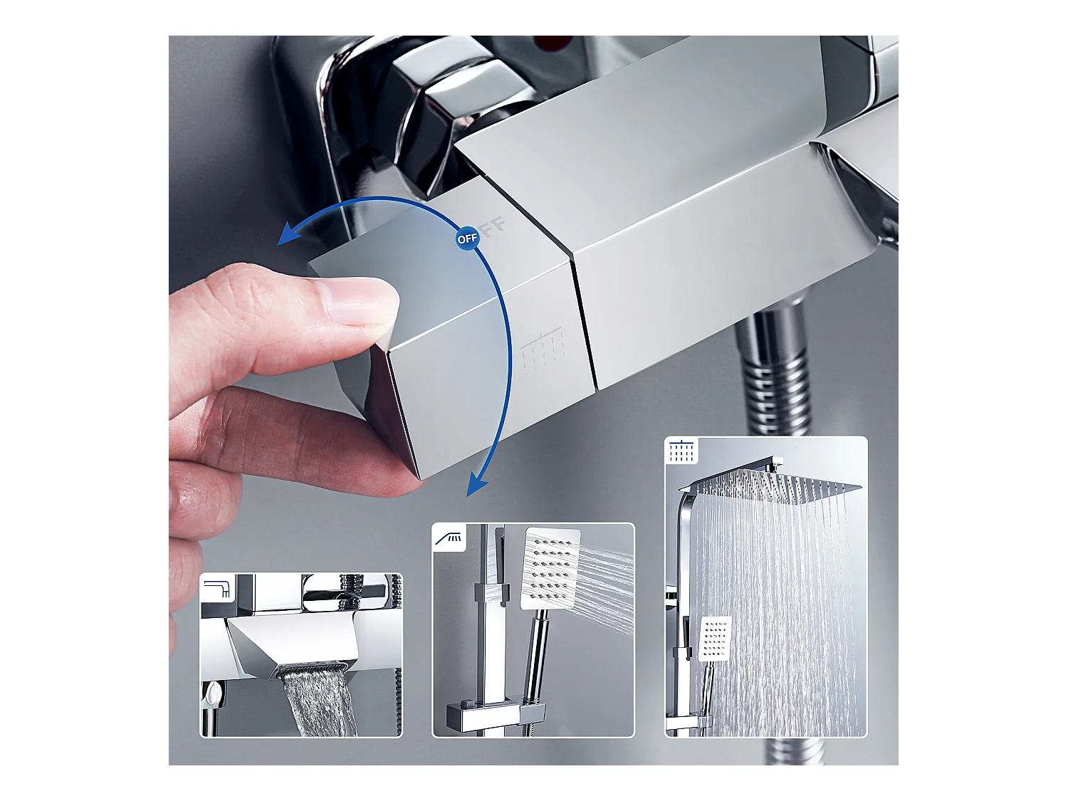 Colonne de Douche Thermostatique Chromée,3 Fonctions Kit de Douche avec 30 * 20cm Douche de Tête,Pommeau de Douche,Mitigeur de Douche Cascade