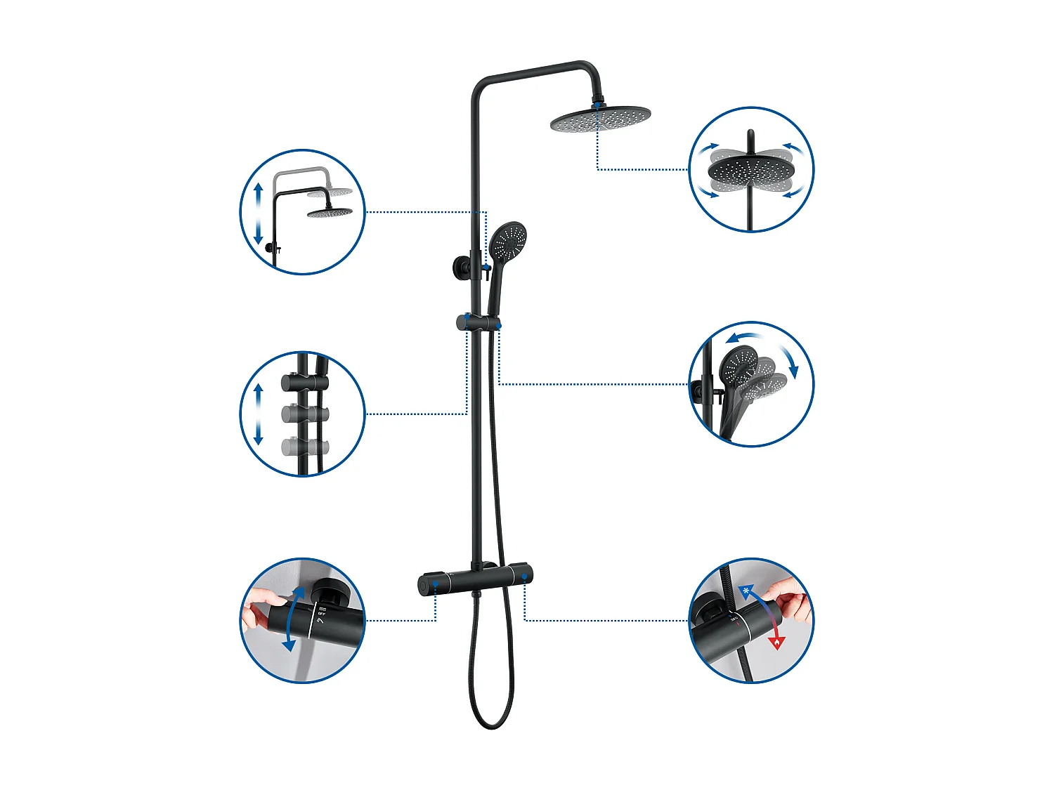 AURALUM MAX Colonne DoucheThermostatique Noir avec Mitigeur,Systeme Douche Thermostatique 38°C,Réglable Hauteur avec Douchette 3 Jets et Pluie 22.5mm