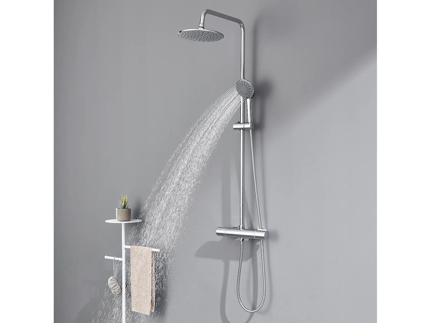 Auralum max Colonne Douche avec Mitigeur Thermostatique Chromé Ensemble Douche Ronde en Laiton Système Douche Hauteur Réglable Douchette 3 Jets D'eau