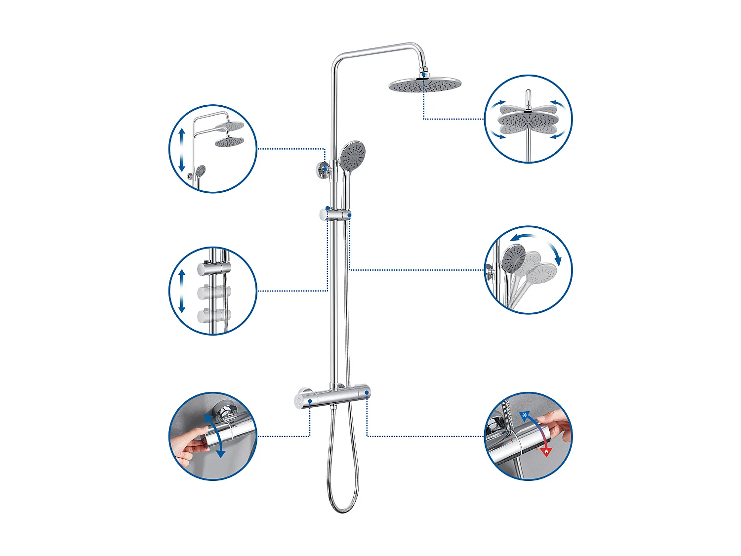 Auralum max Colonne Douche avec Mitigeur Thermostatique Chromé Ensemble Douche Ronde en Laiton Système Douche Hauteur Réglable Douchette 3 Jets D'eau