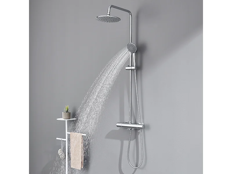 Auralum max Columna de Ducha con Mezclador Termostático Cromado Conjunto Ducha Redonda de Latón Sistema Ducha Altura Ajustable Ducha 3 Jets De Agua