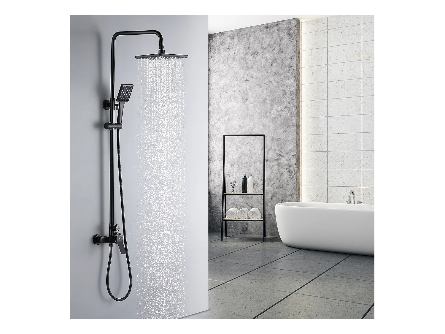 Colonne de Douche Noir avec Robinetterie Ensemble de Douche Hauteur Réglable  2 Fonctions avec Douche de Tête et Douchette à Main