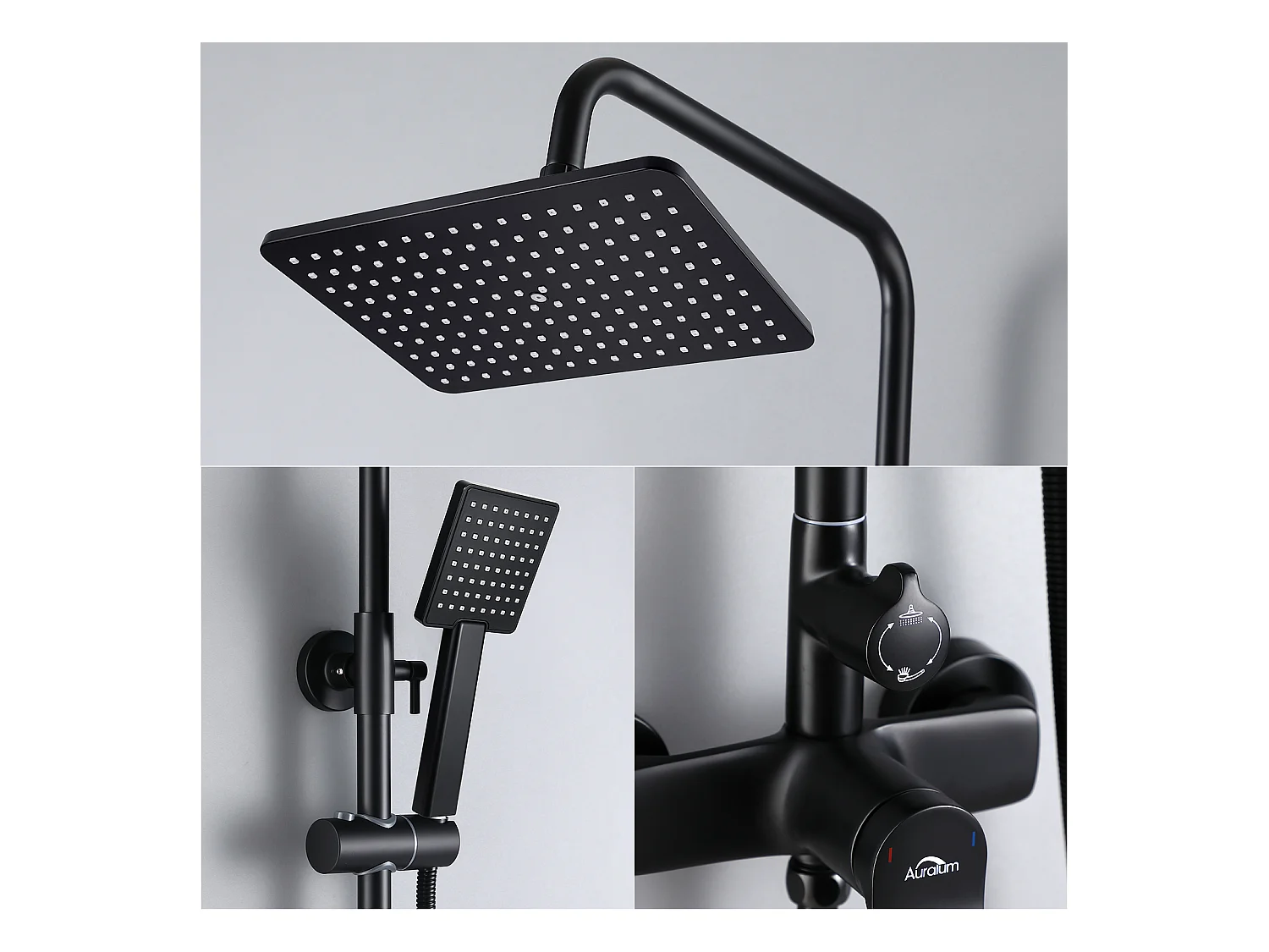 Columna de Ducha Negra con Grifos Conjunto de Ducha Altura Ajustable 2 Funciones con Ducha de Cabeza y Ducha de Mano