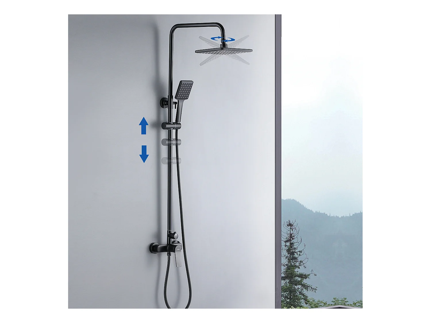 Columna de Ducha Negra con Grifos Conjunto de Ducha Altura Ajustable 2 Funciones con Ducha de Cabeza y Ducha de Mano