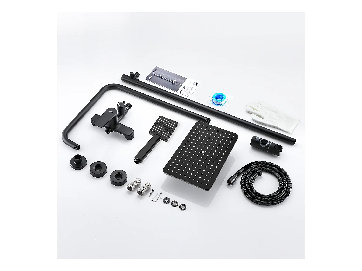 Columna de Ducha Negra con Grifos Conjunto de Ducha Altura Ajustable 2 Funciones con Ducha de Cabeza y Ducha de Mano