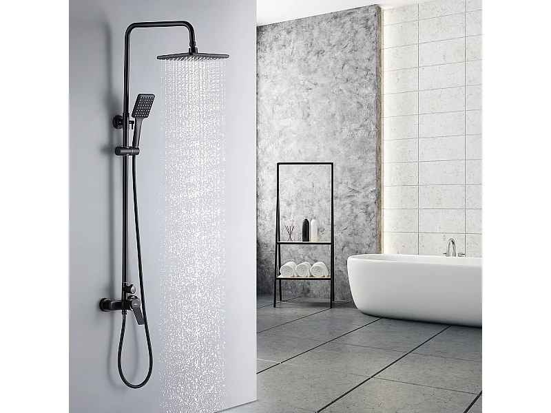 Colonne de Douche Noir avec Robinetterie Ensemble de Douche Hauteur Réglable  2 Fonctions avec Douche de Tête et Douchette à Main