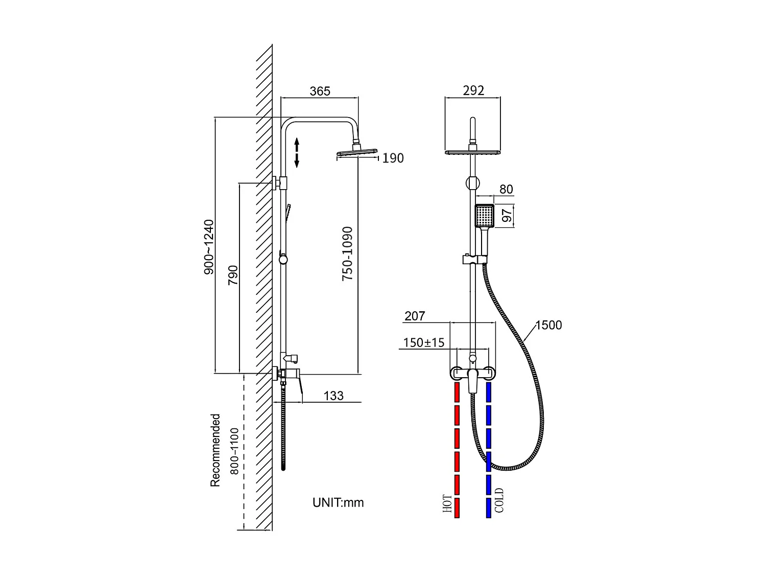 Colonna Doccia Meccanica, AURALUM MAX Colonna Doccia Cromata,Altezza Regolabile 90-1240mm per Bagno,Miscolatore Doccia con Doccia/Soffione Doccia