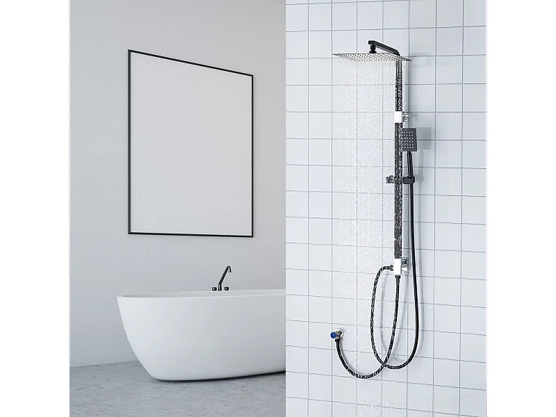Schwarze Duschsäule ohne Mischbatterie Duschsystem mit Handbrause/quadratischer Duschkopf 10 Zoll/verstellbare Höhe 690-1130 mm Badezimmer