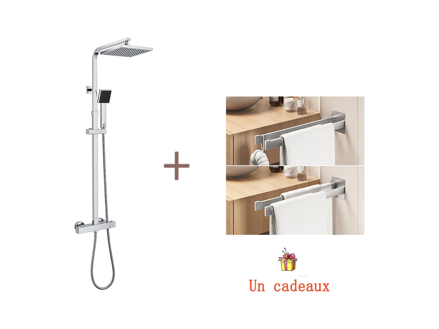 Système de Douche Carré Colonne Douche avec Mitigeur Thermostatique Système Douche Corps en Laiton+Porte Serviette Salle Bain Adhésif/Perçage,Brossé
