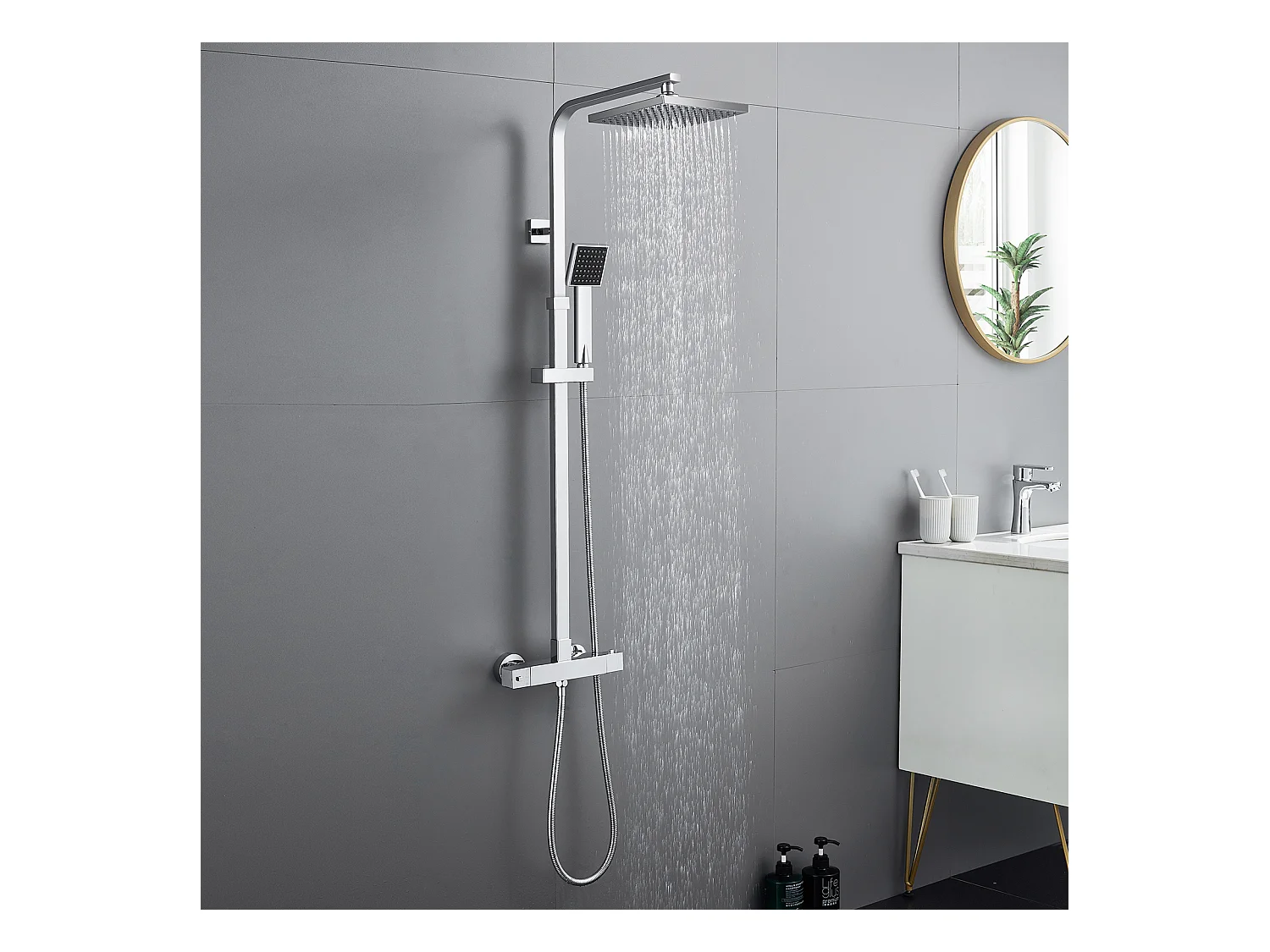Système de Douche Carré Colonne Douche avec Mitigeur Thermostatique Système Douche Corps en Laiton+Porte Serviette Salle Bain Adhésif/Perçage,Brossé