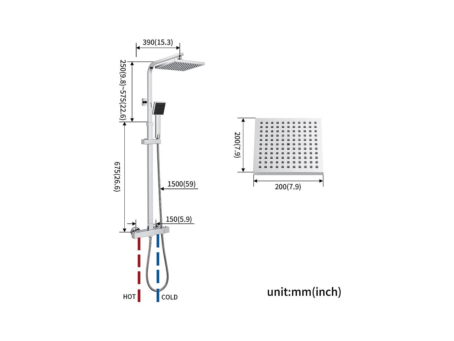 Système de Douche Carré Colonne Douche avec Mitigeur Thermostatique Système Douche Corps en Laiton+Porte Serviette Salle Bain Adhésif/Perçage,Brossé