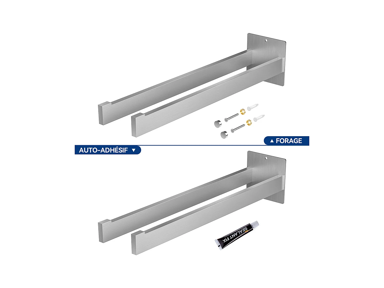 Système de Douche Carré Colonne Douche avec Mitigeur Thermostatique Système Douche Corps en Laiton+Porte Serviette Salle Bain Adhésif/Perçage,Brossé