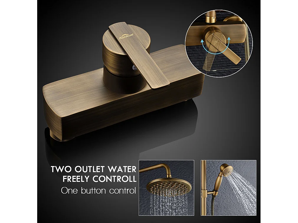 AURALUM MAX Columna DOuche Mecánico Conjunto de Ducha de Doble Manija Retro Sistema de Ducha Ajustable Kit de Ducha de Latón Antiguo Acabado Bronce
