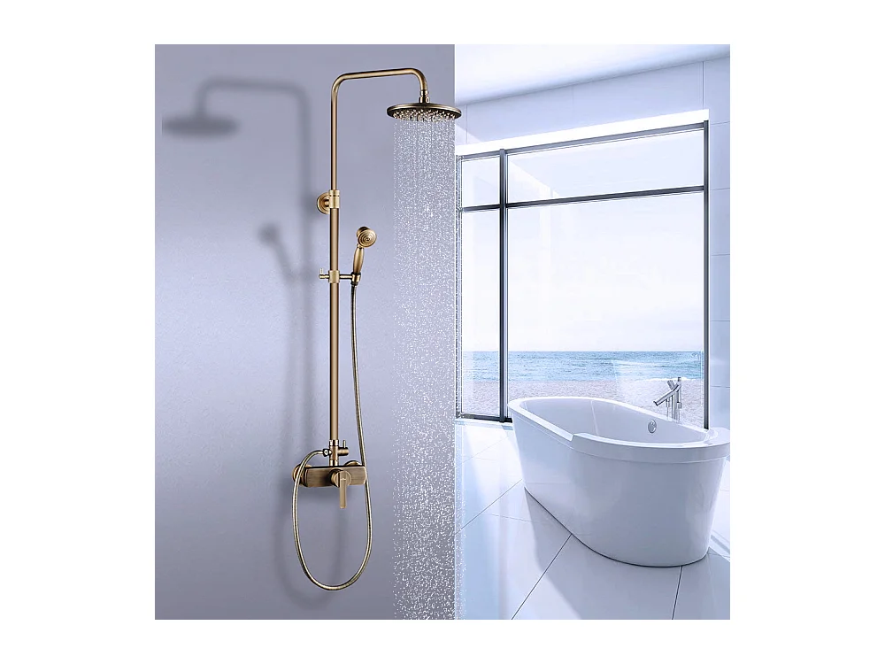 Columna Ducha Mecánica Conjunto de Ducha de Doble Mango Retro Sistema de Ducha Ajustable Kit de Ducha de Latón Antiguo Acabado Bronce