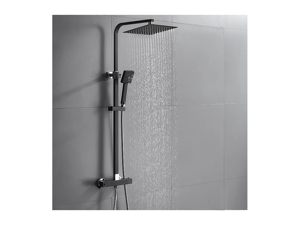 KleurDouchebak Zwart met Thermostatische Mengkraan 2 Functies Doucheset met Hoofddouche 10 Inch Hoog Verstelbaar 80-120 cm