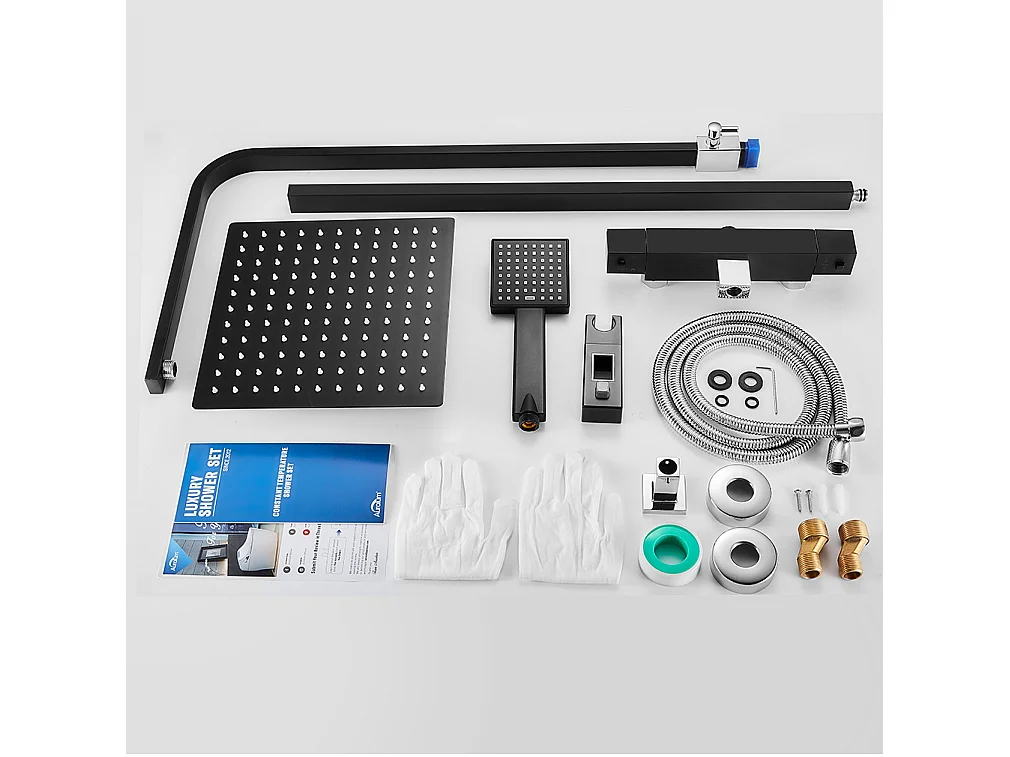 Colonne de Douche Noir avec Mitigeur Thermostatique 2 Fonctions Ensemble de Douche avec Douchette de tête  de 10 pouces Haute Réglable 80-120 cm