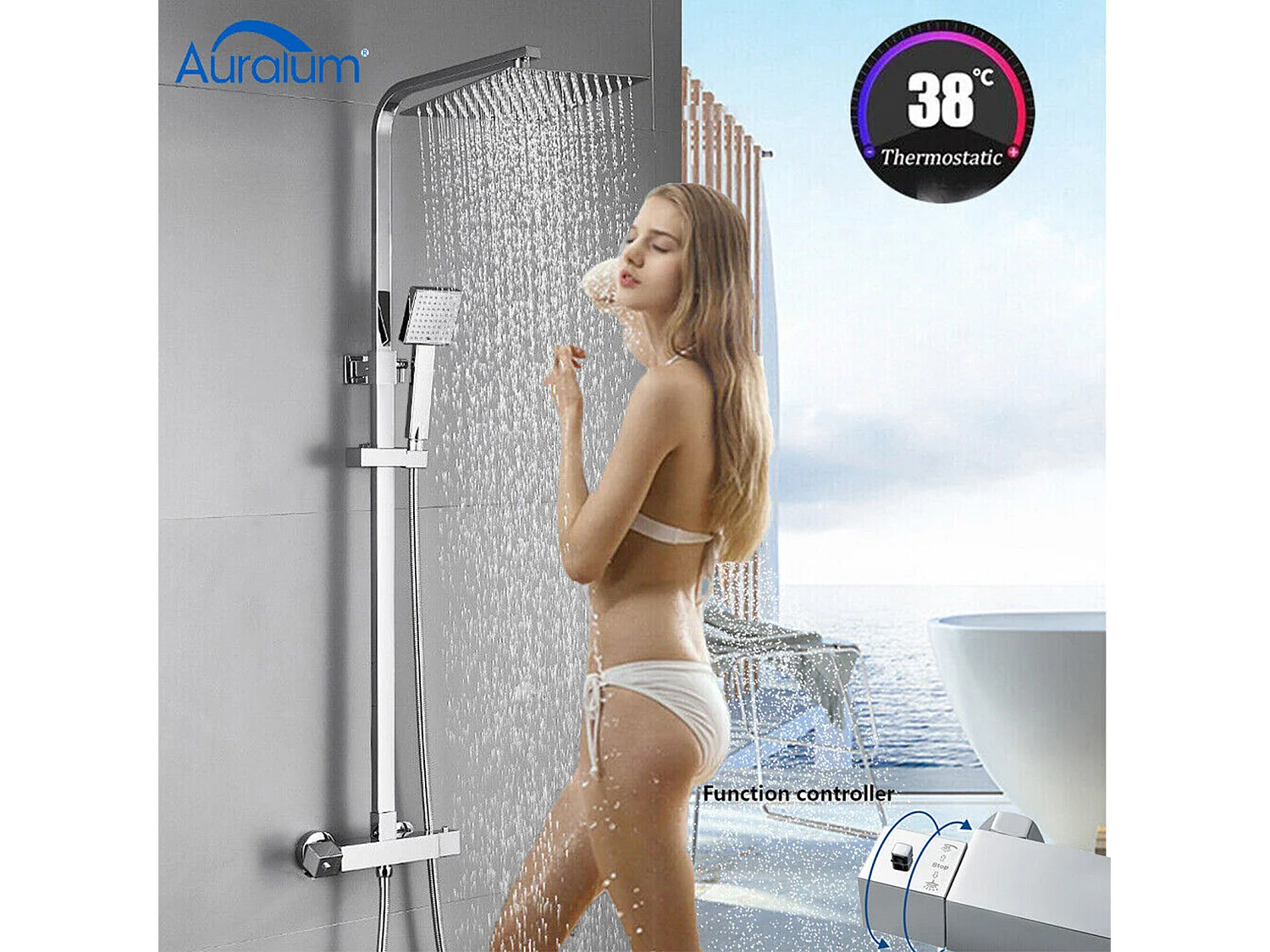 Système douche avec thermostat,douche effet pluie, colonne  douche en Laiton avec pommeau de douche/douchette à main,barre de douche réglable