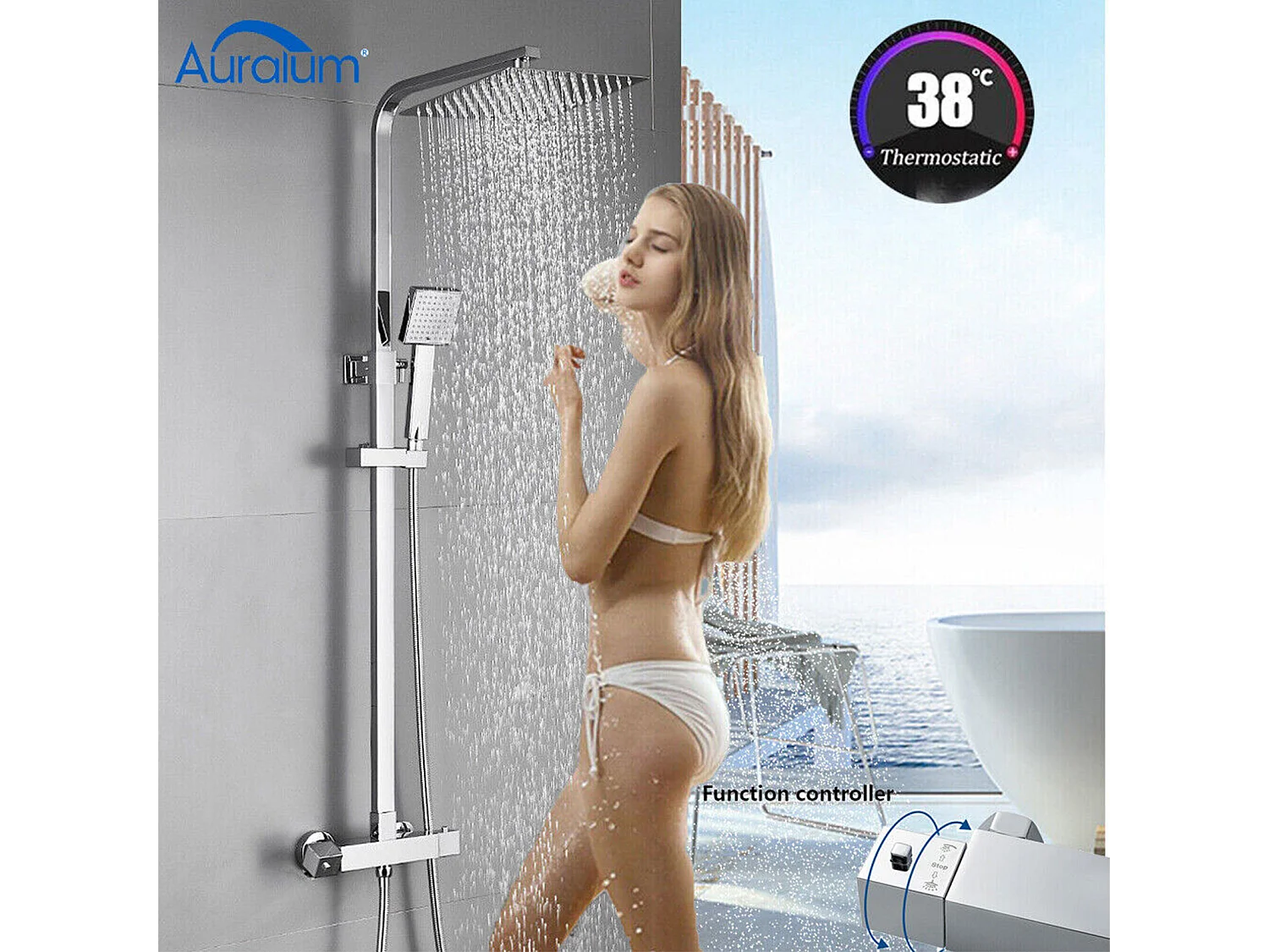 Système douche avec thermostat,douche effet pluie, colonne  douche en Laiton avec pommeau de douche/douchette à main,barre de douche réglable